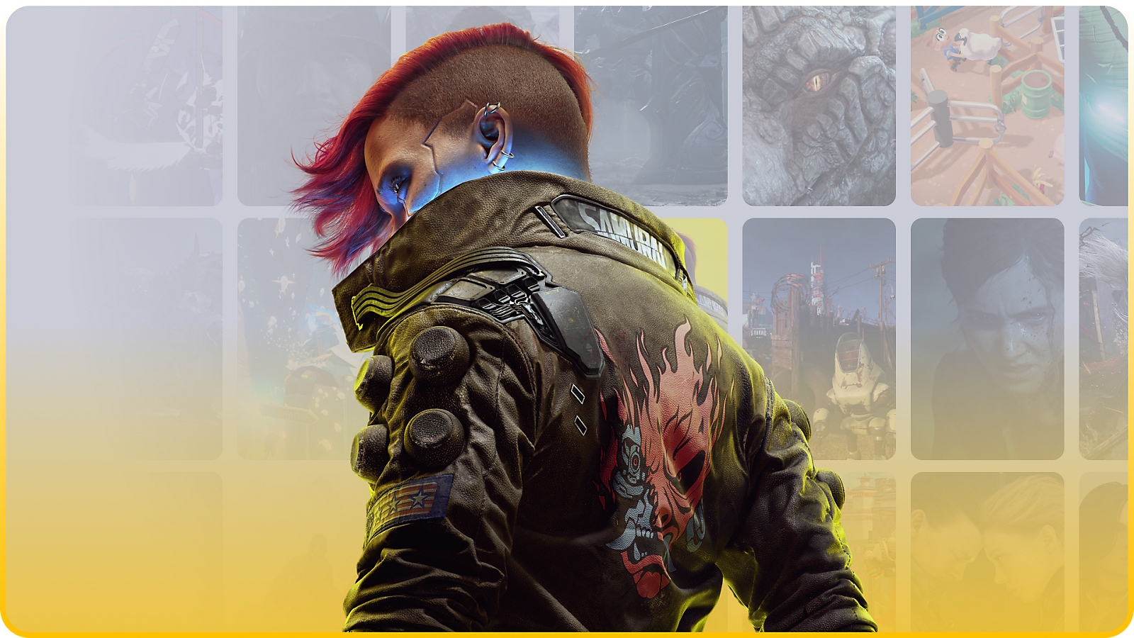 Официальный арт PlayStation Plus с героем Cyberpunk 2077 на фоне каталога игр