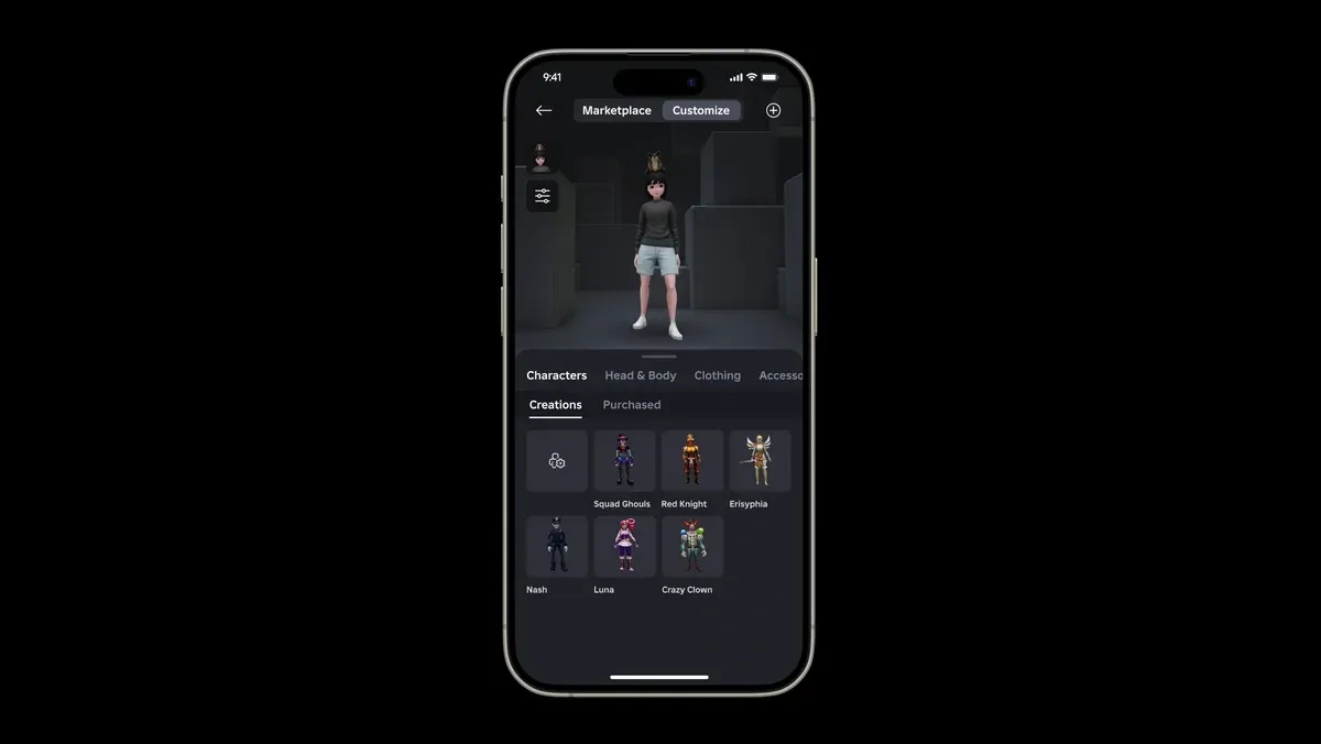 Экран Marketplace в мобильном приложении Roblox с вещами для аватара